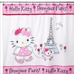 Set of Hello Kitty Bonjour Shower Curtain, hooks and Eiffel Tower